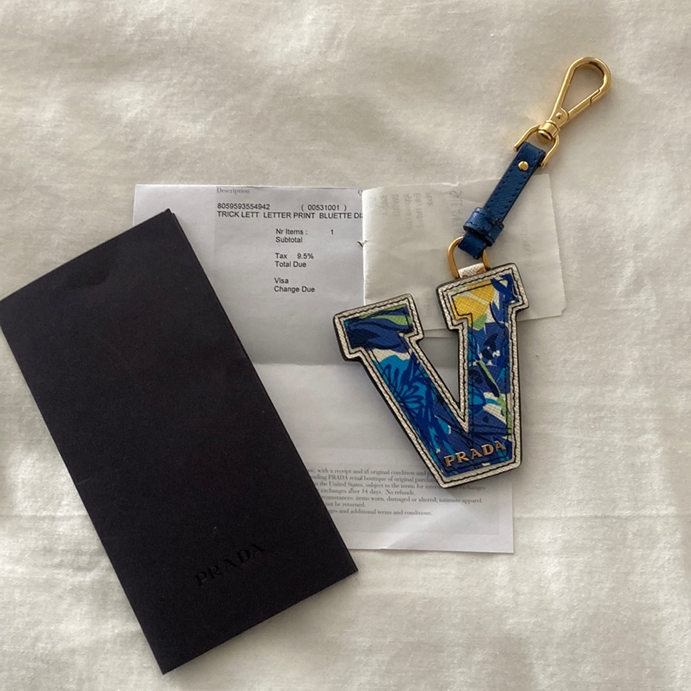 Prada Bag Charm Trick Letter V Bluette Gold Hardware
